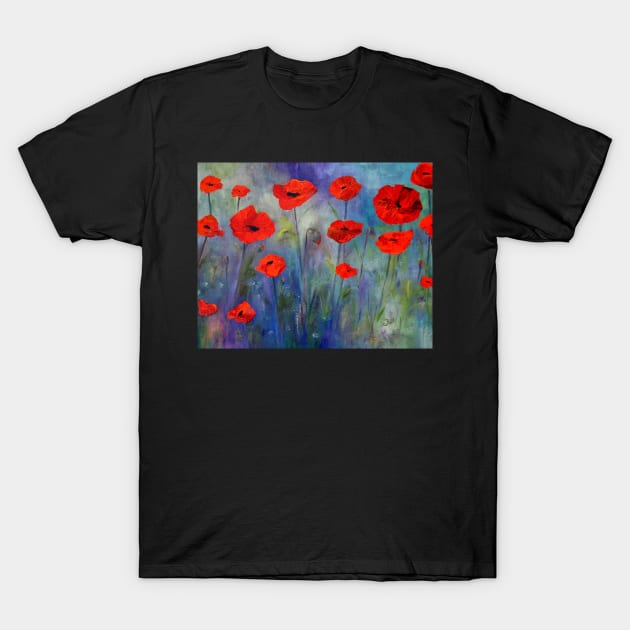 Red Poppies Blue Fog T-Shirt by ClaireBull